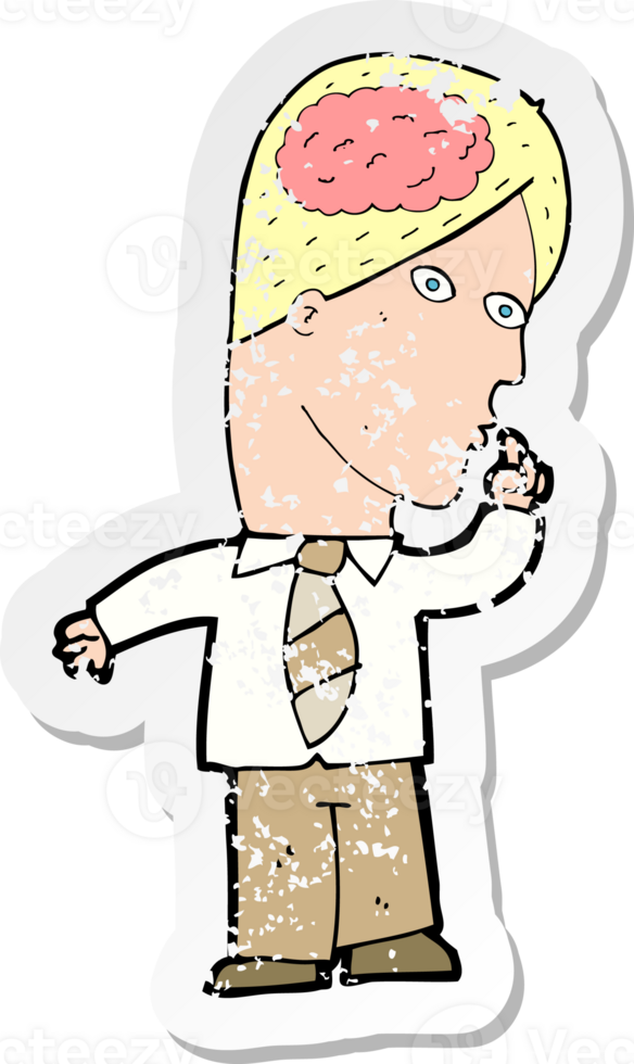 retro distressed sticker of a cartoon businessman with huge brain drawing png