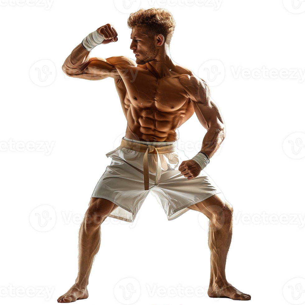 muay thai fighter striking pose isolated on transparent background , png