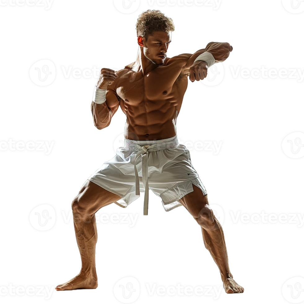 muay thai fighter striking pose isolated on transparent background , png