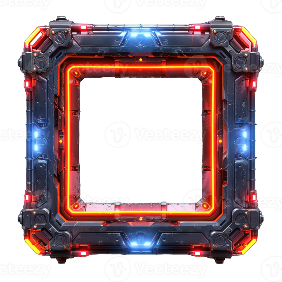 futuristic metal neon border ,neon cyber frame isolated on transparent background , png