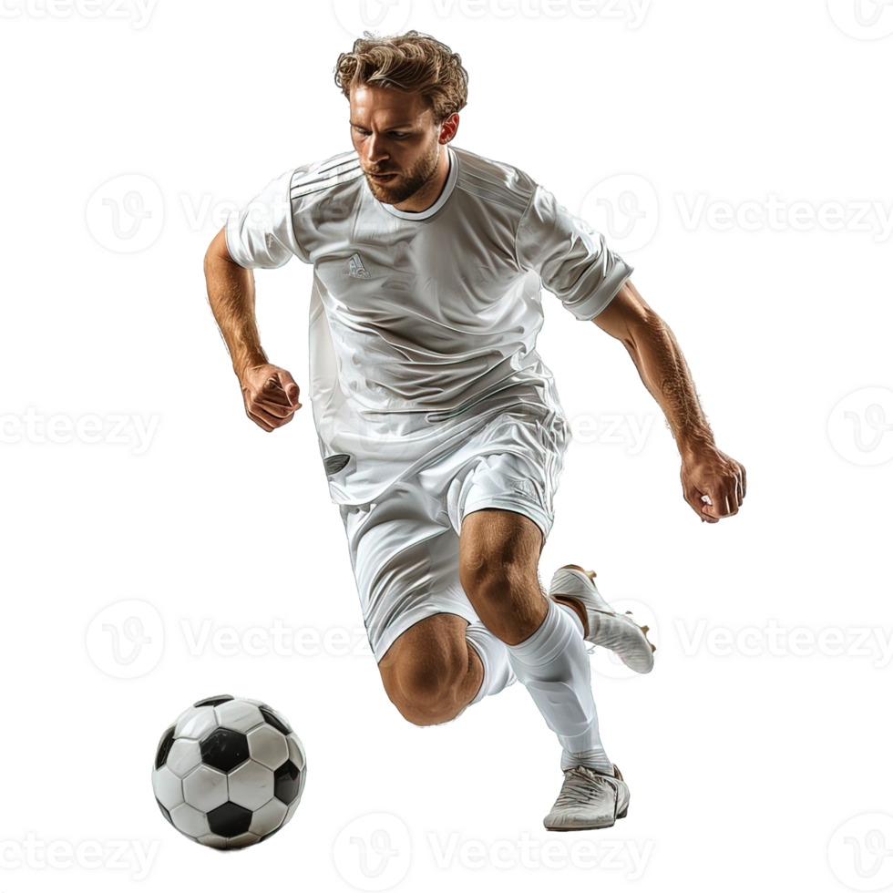 football player dribbling the ball isolated on transparent background ,soccer player kicking ball , png