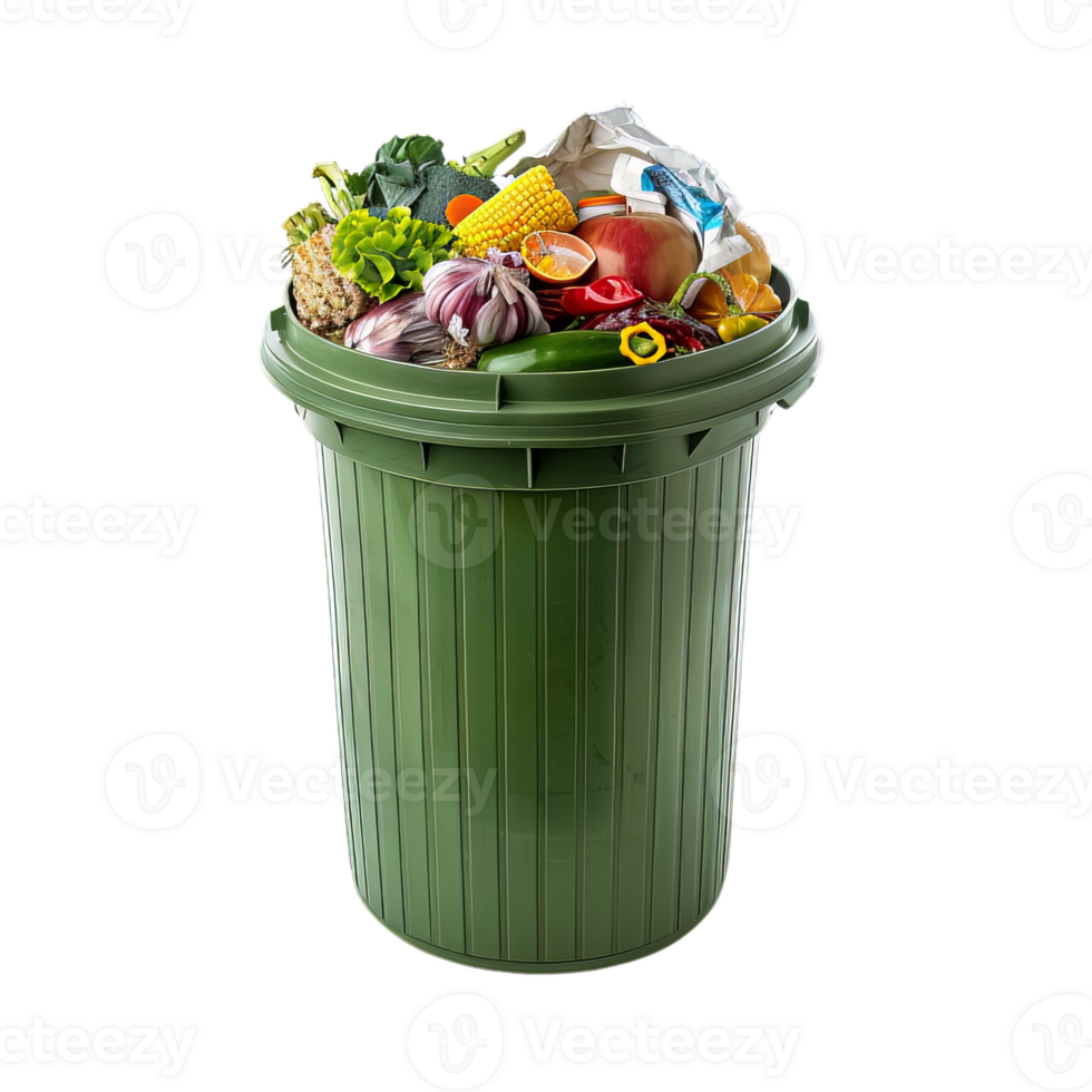 a green trash can filled with vegetables and fruit png