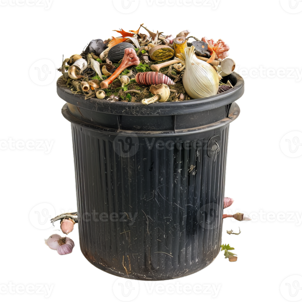 Black Trash Bin Overflowing with Vegetables and Household Waste png