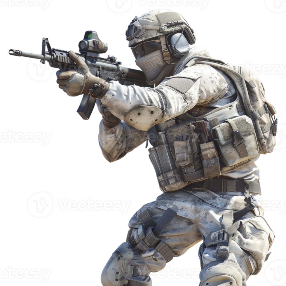 Army Troop Holding Gun on Transparent Background png