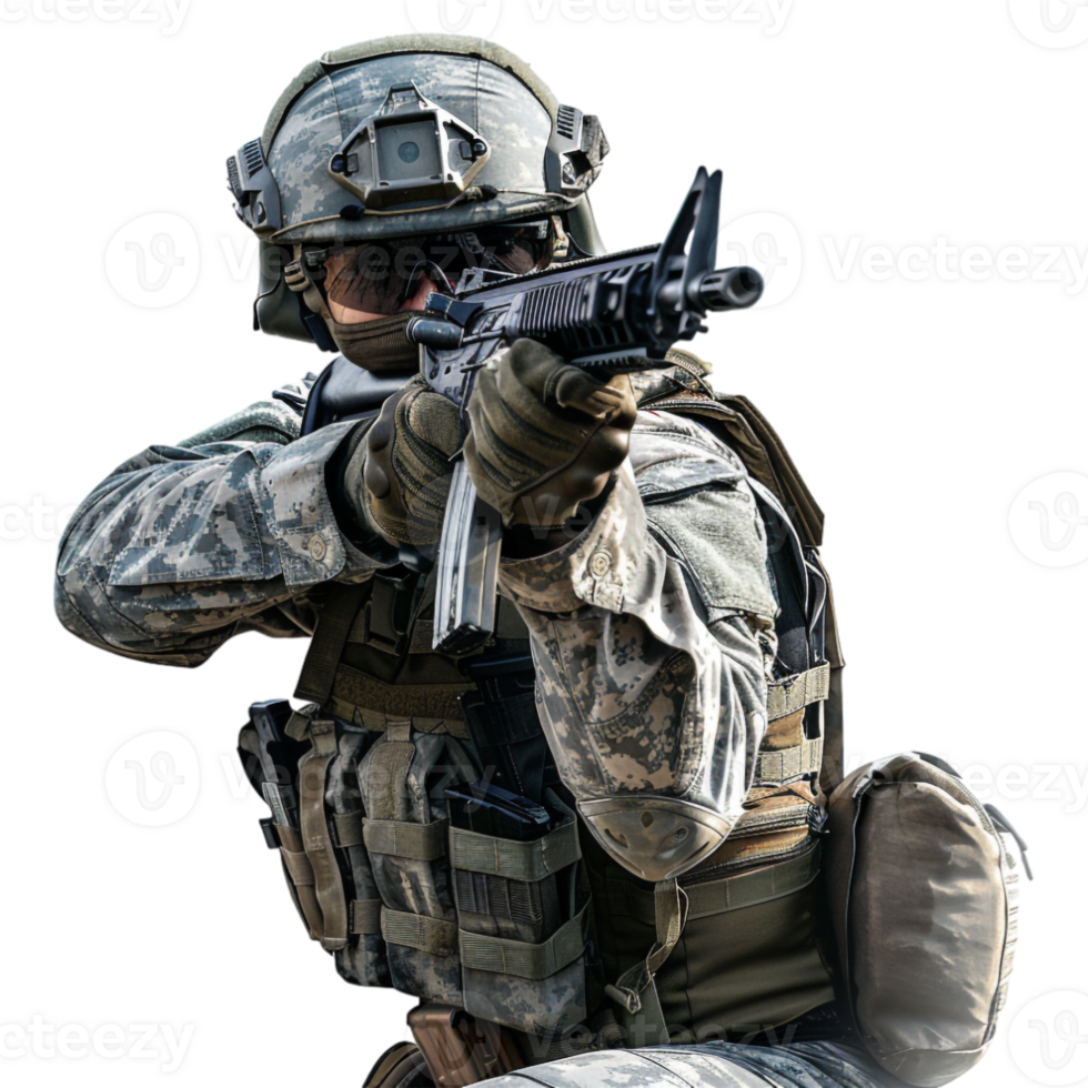 Army Troop Holding Gun on Transparent Background png