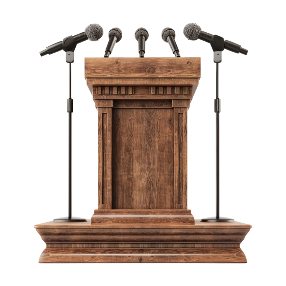 Wooden Stage Desk with Mic on it on Transparent Background png