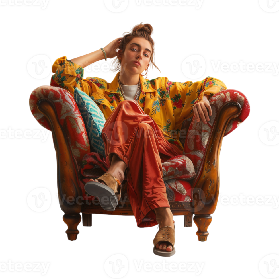 Woman Sitting on Soft Chair on Transparent Background png