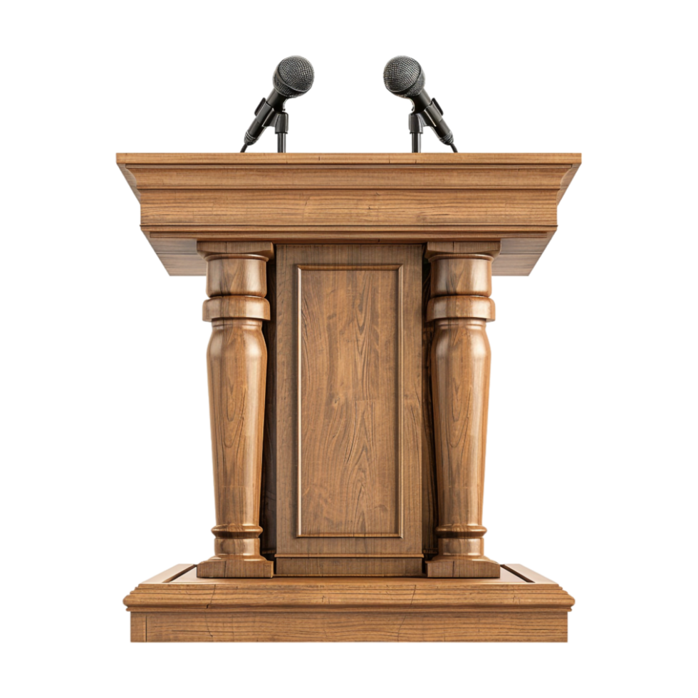 Wooden Stage Desk with Mic on it on Transparent Background png