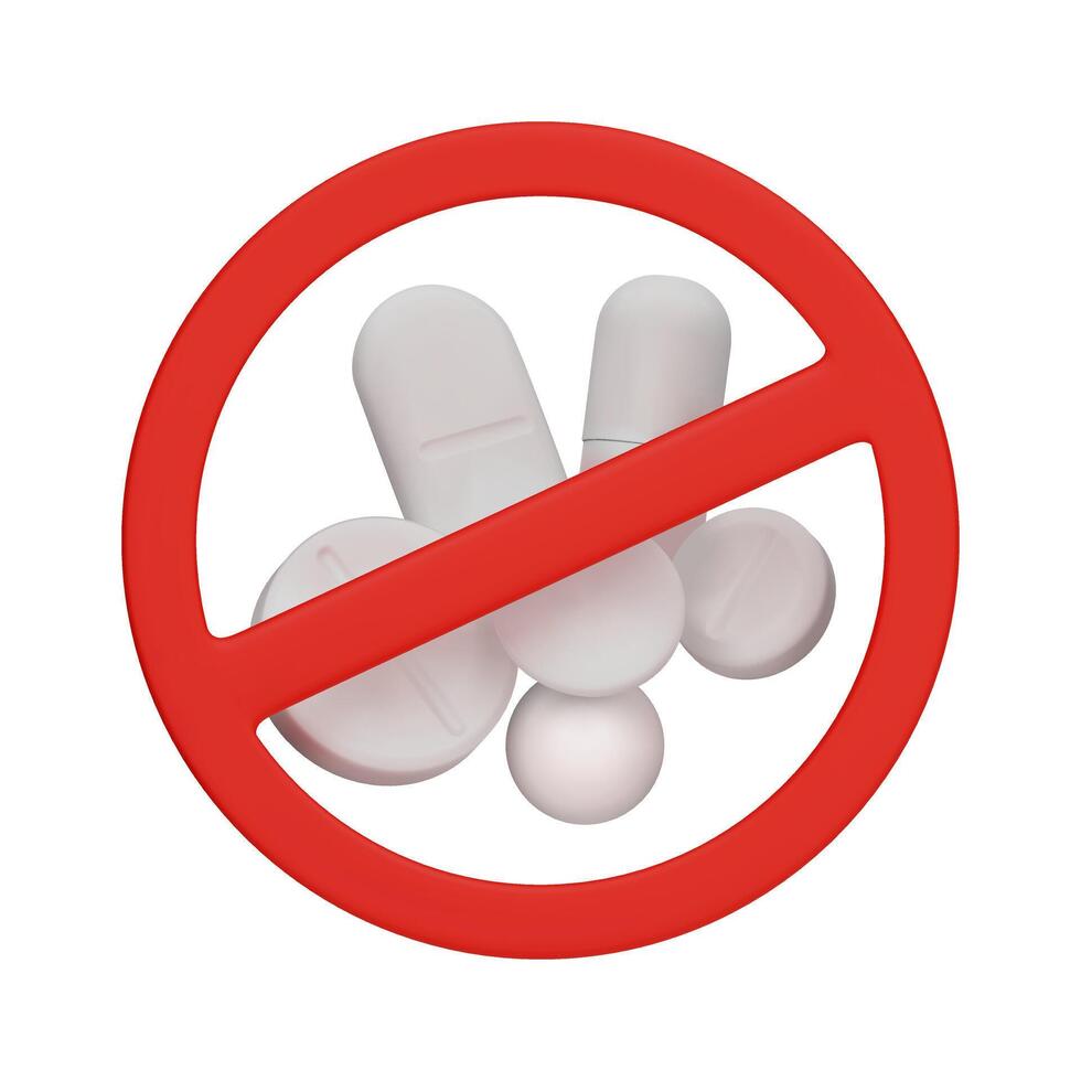 Different pills and tabs. 3D medicines with a restriction sign. A symbol of the prohibition on taking medical drugs. Concept 3D illustration isolated on a white background vector