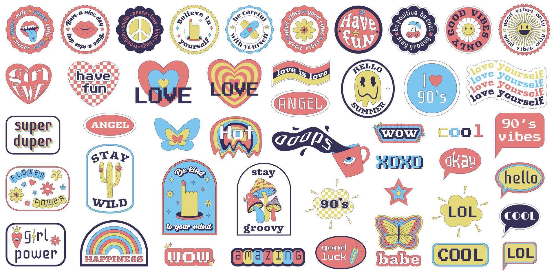 A set of y2k stickers with text motivational, positive phrases. Big collection of stickers from 2000s in geometric shapes with weird surreal elements. Retro pale colors. illustration on white vector