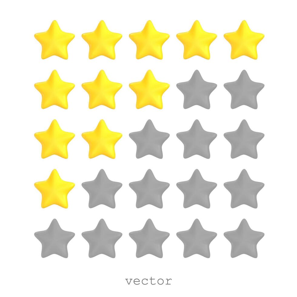 Five 3D stars, yellow and grey colors. Customer rating feedback concept. Realistic 3d cartoon ctyle. For web design, ranking of website or mobile applications. illustration isolated on white vector