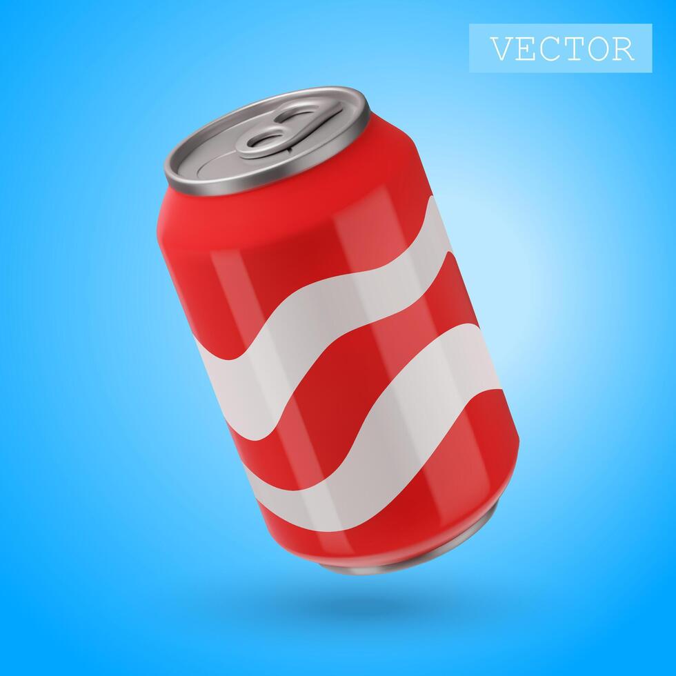 3D Render Of A Red Tin Can. Drink, Fast Food. Junk Unhealthy Beverage. Bright Illustration In Cartoon 3D Style Isolated On A White Background. vector
