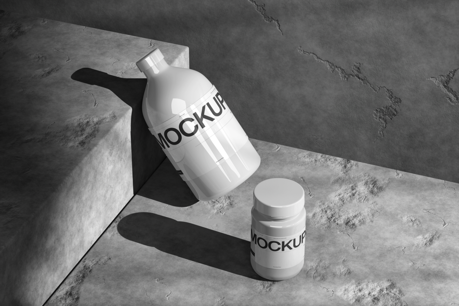 cosmetic mockup bottle and jar on the plaster psd