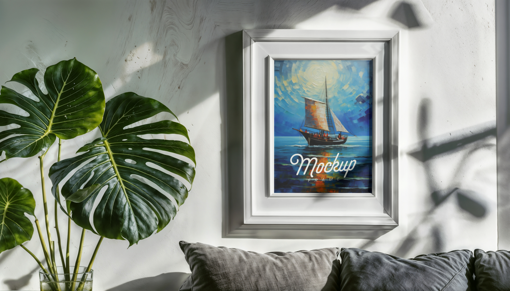 Frame mockup on living room wall with long shadow psd