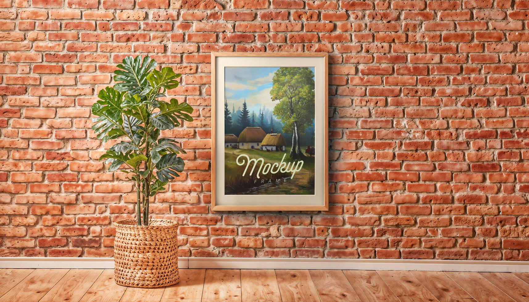 Realistic frame mockup hang on brick wall background psd