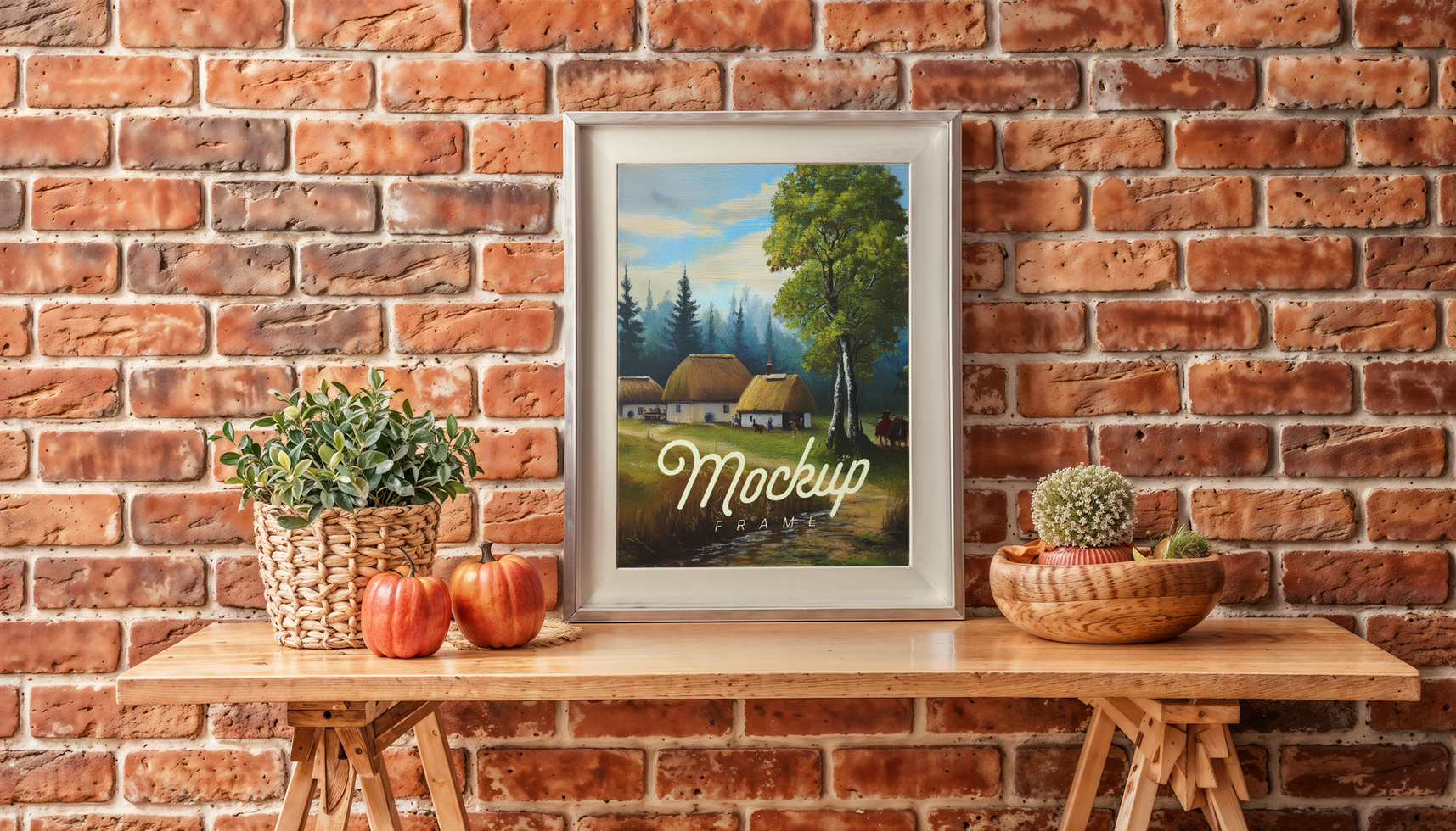 Frame mockup over wooden table with brick wall background psd