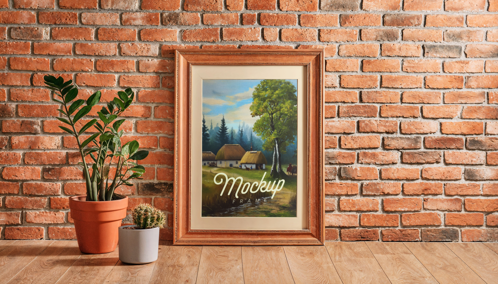 Realistic frame mockup on wooden floor and brick wall background psd