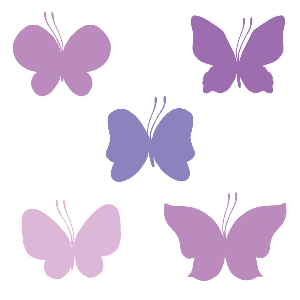 Butterflies with wings and antennae in pink and lilac colors. Delicate, romantic simple insects. Graphic illustration set of their several elements, clip art silhouettes. vector