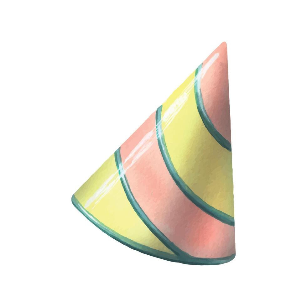 Festive paper cap on the head pink and yellow. Watercolor illustration. An isolated object from a large set of HAPPY BIRTHDAY. For decoration, design and compositions of festive paraphernalia. vector