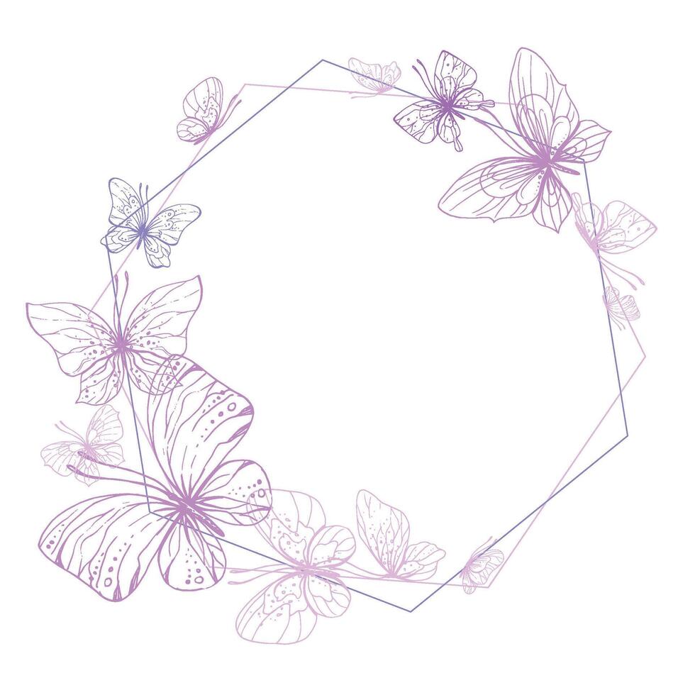 Butterflies are pink, blue, lilac, flying, delicate line art. Graphic illustration hand drawn in pink, lilac ink. hexagon frame, template EPS vector