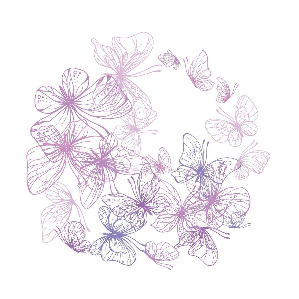Butterflies are pink, blue, lilac, flying, delicate line art. Graphic illustration hand drawn in pink, lilac ink. Circle frame, template EPS . vector