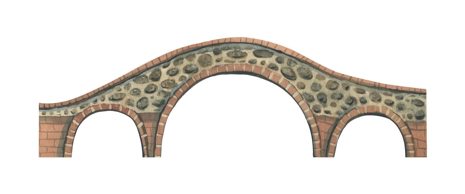 Ancient stone bridge brown with three arches. Watercolor illustration, hand drawn. Isolated object on a white background. For decoration and design of the city, streets, compositions. vector