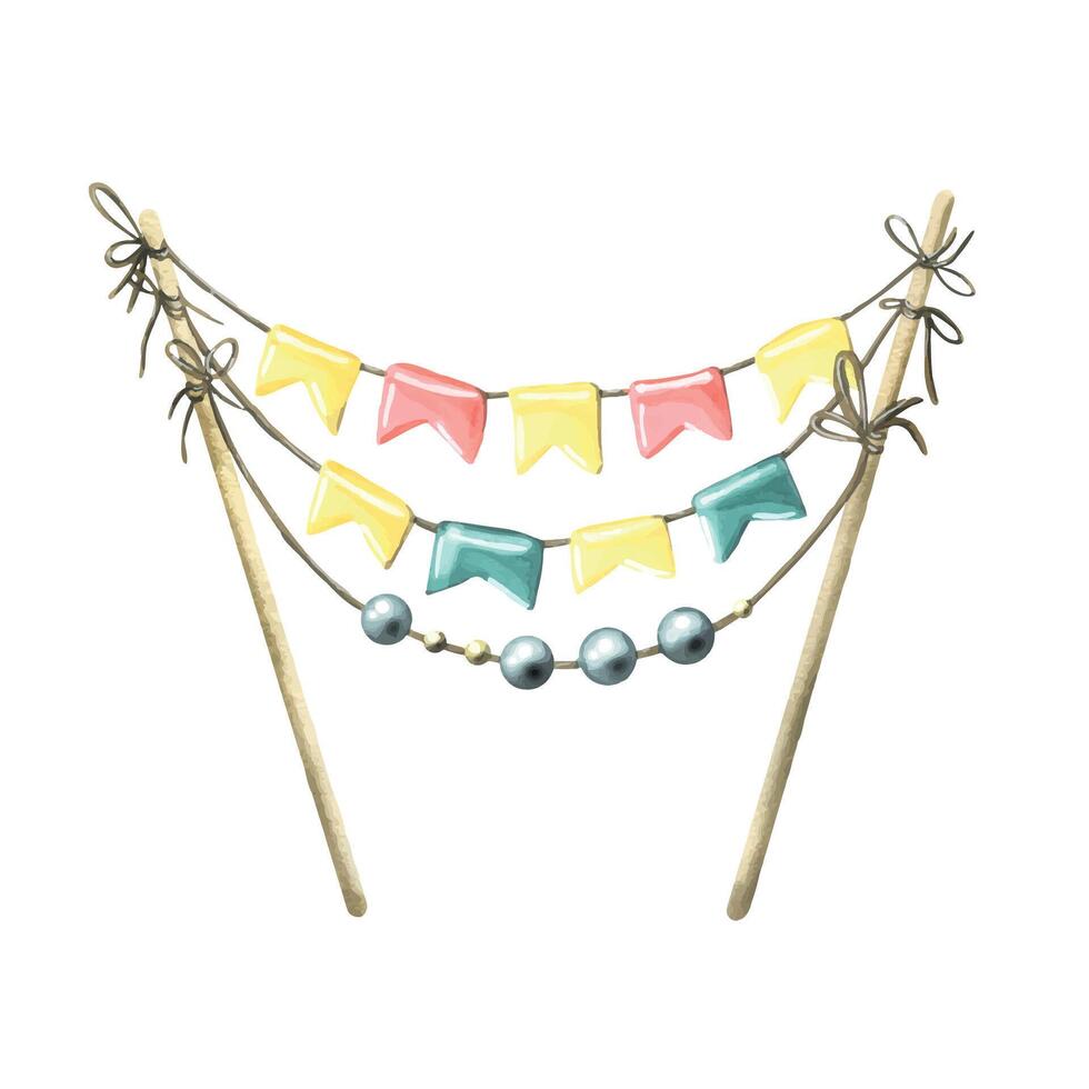 Decoration for a birthday cake, with flags on sticks, with beads. Watercolor illustration. An isolated object from a large set of HAPPY BIRTHDAY. For decoration and design of baking, holiday parties vector