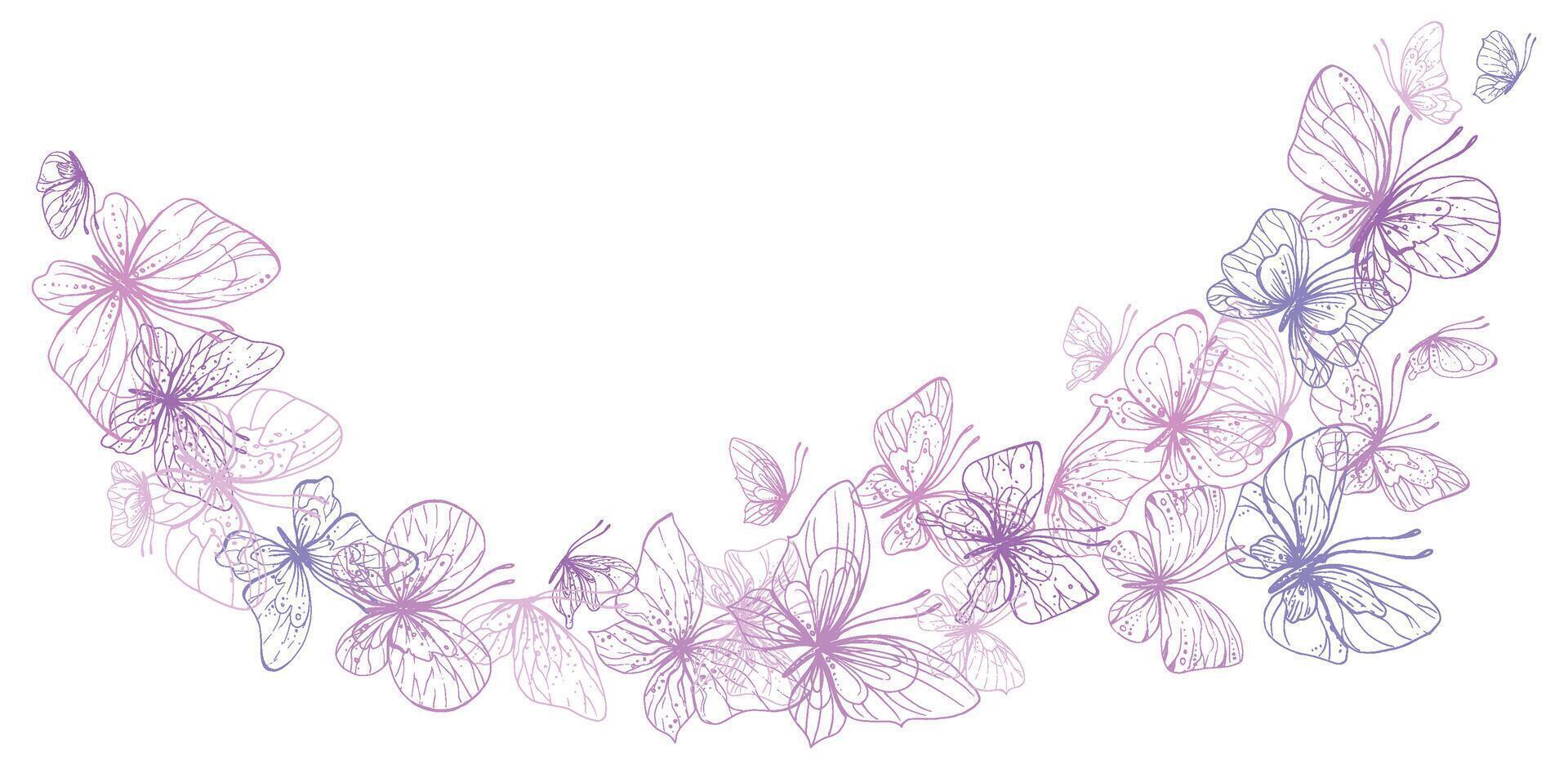 Butterflies are pink, blue, lilac, flying, delicate line art. Graphic illustration hand drawn in pink, lilac ink. Composition stream, template EPS . vector