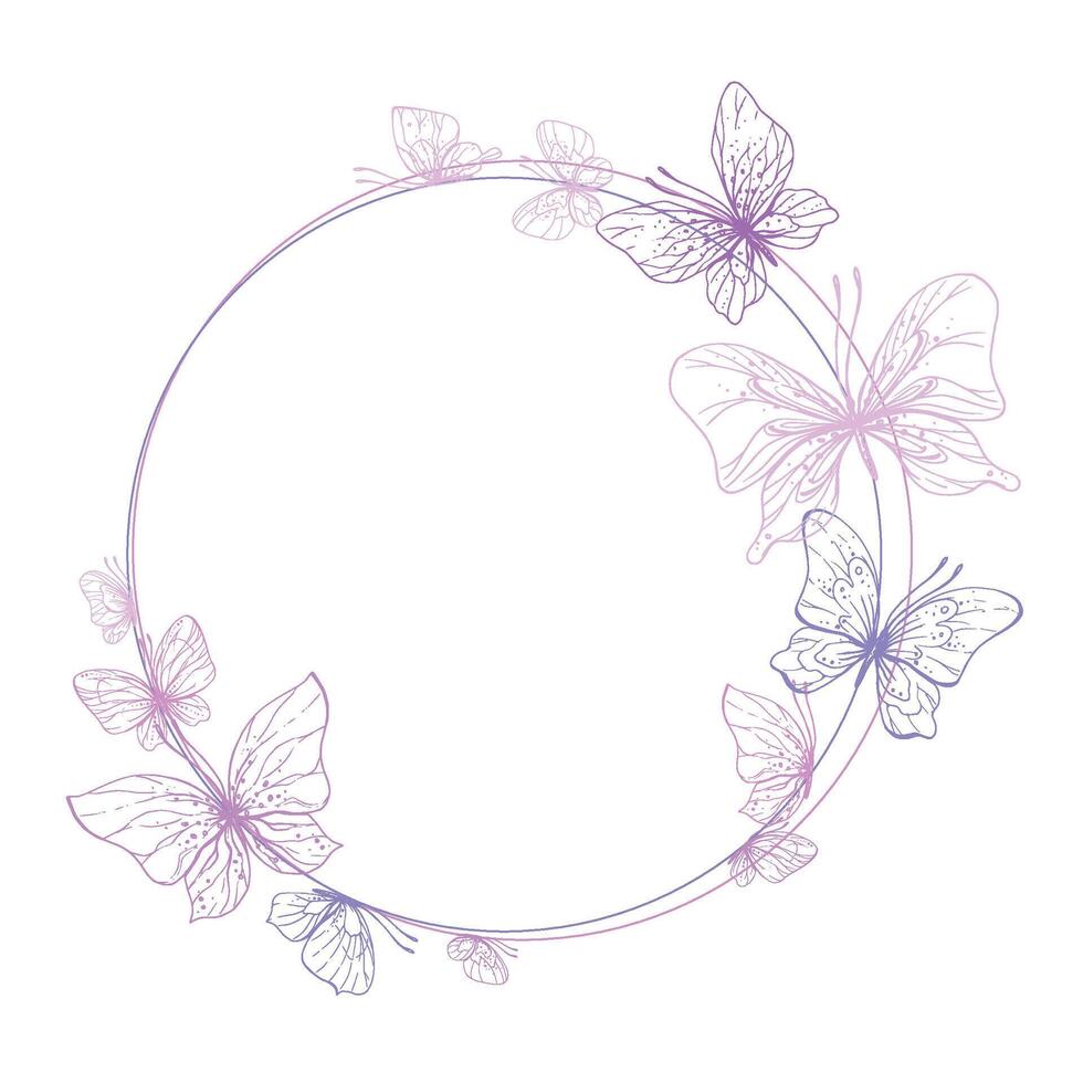 Butterflies are pink, blue, lilac, flying, delicate line art. Graphic illustration hand drawn in pink, lilac ink. circle frame, template EPS vector