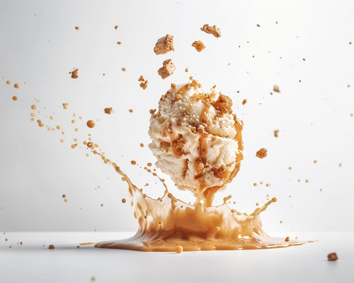 an ice cream ball is being splashed with caramel photo