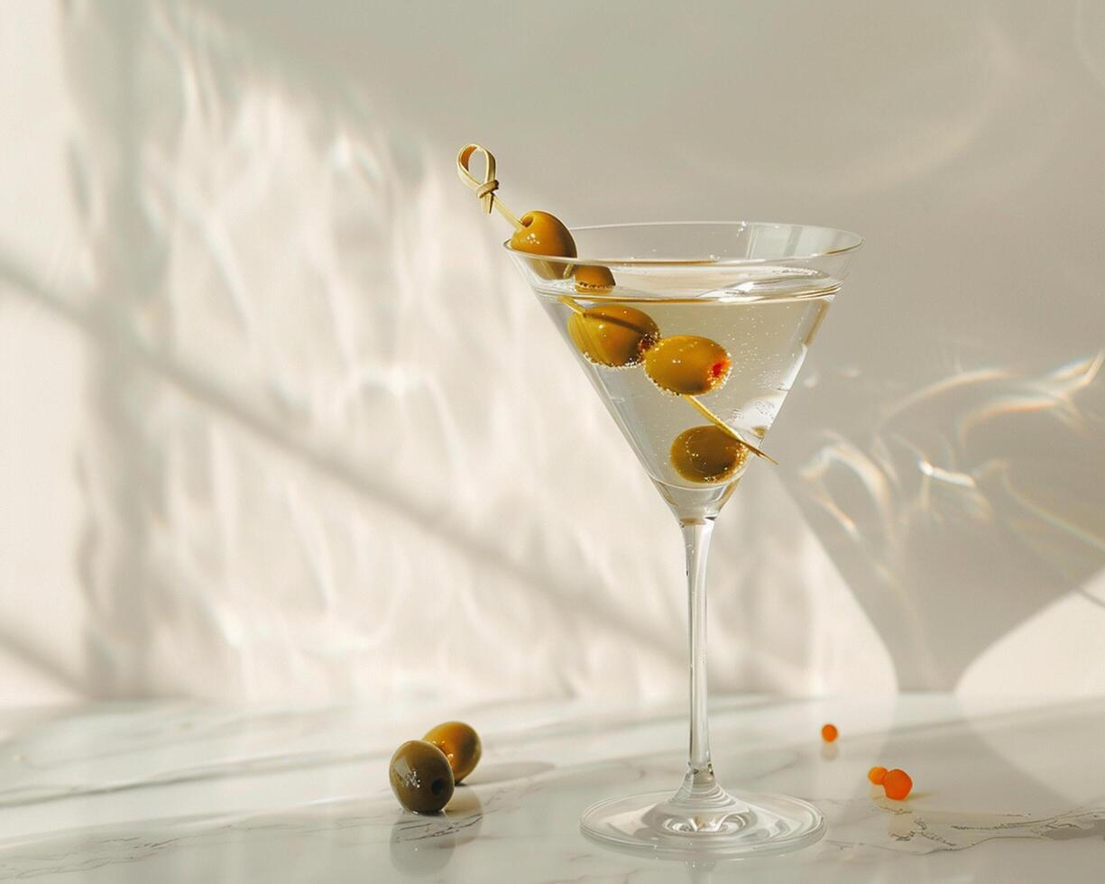 a martini glass with olives and a drop of water photo