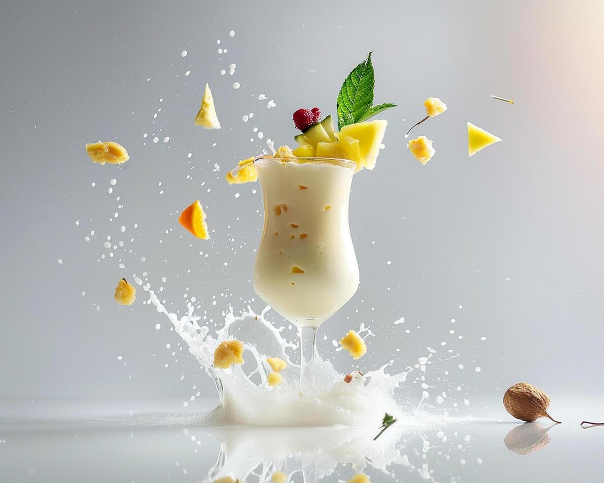 a drink with fruit and nuts falling into the glass photo