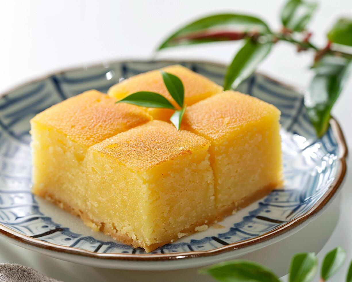 a square of cake on a plate photo