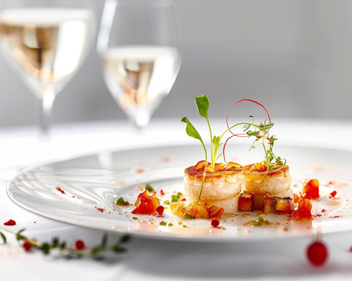 a plate of food with a glass of wine photo