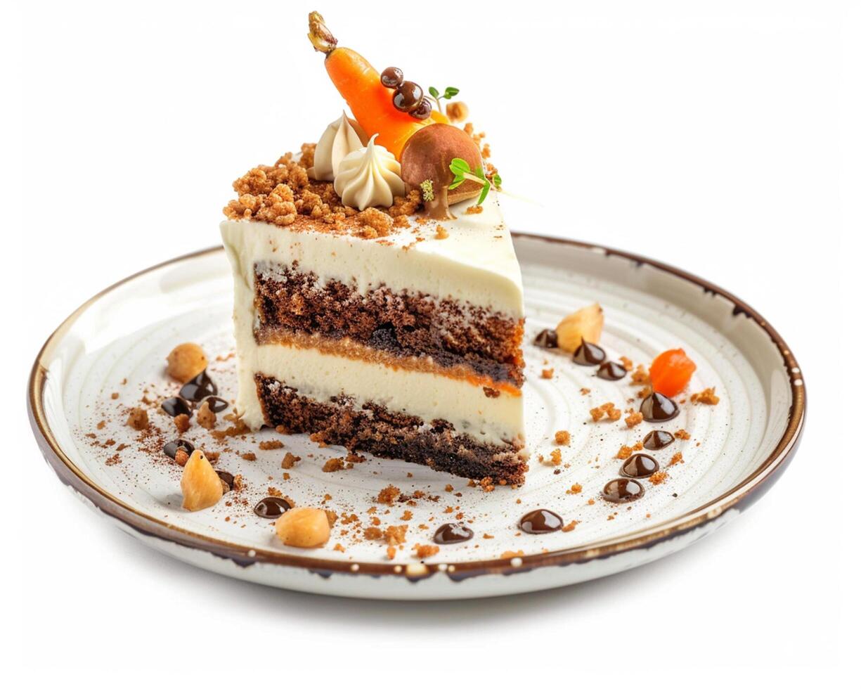 a piece of carrot cake with nuts and cream photo