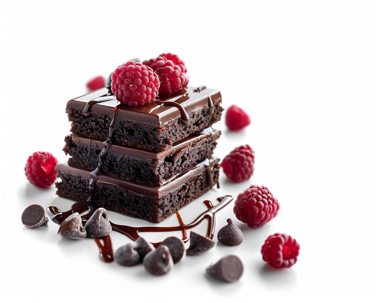 a stack of chocolate brownies with raspberries on top photo