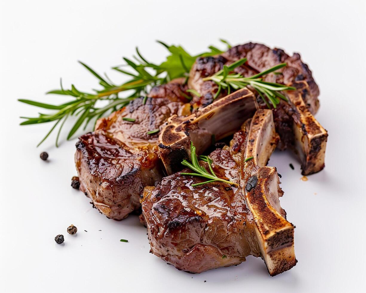 grilled lamb chops with rosemary and spices on white background photo