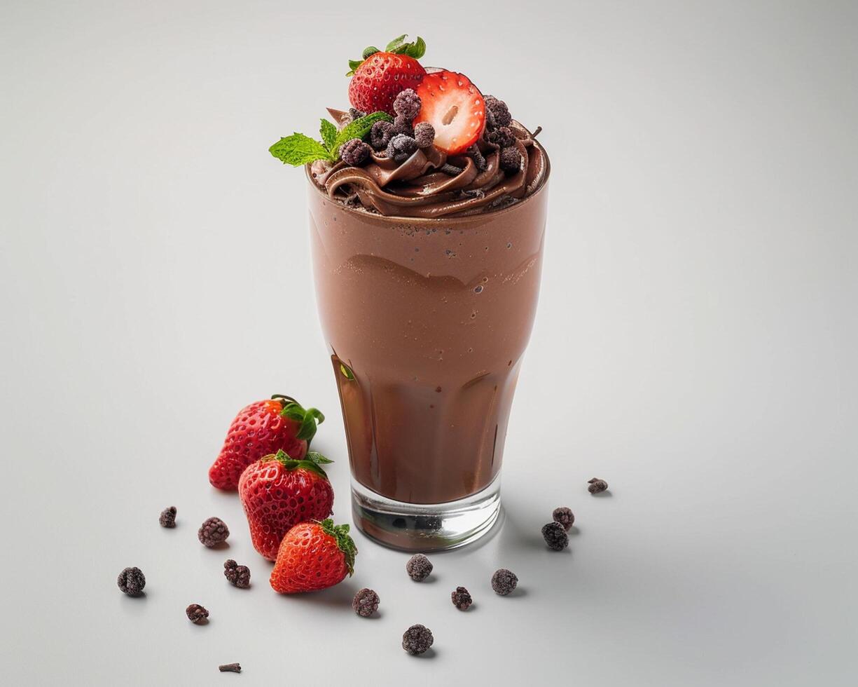 a chocolate milkshake with strawberries and chocolate chips photo