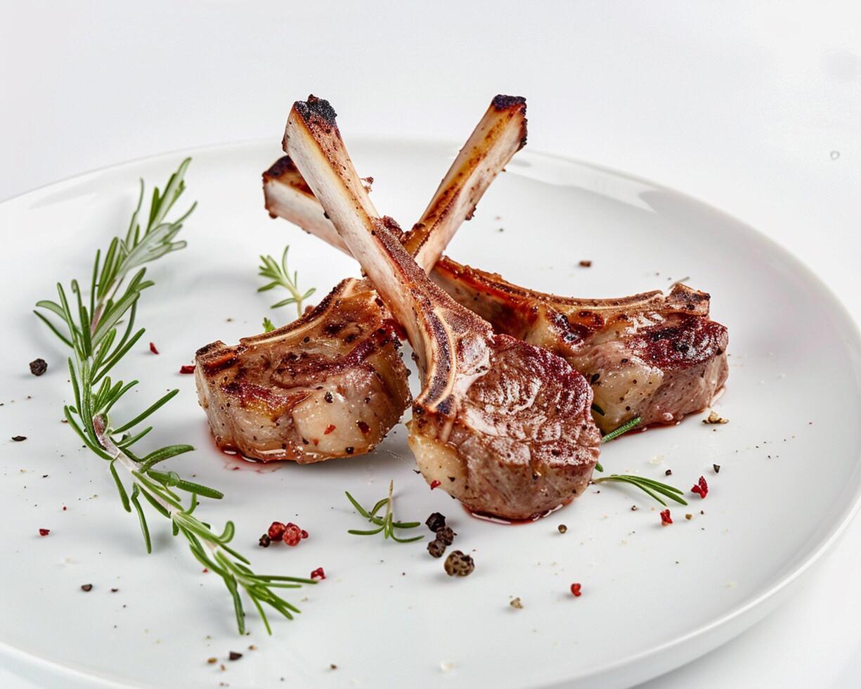 two lamb chops on a white plate with rosemary photo