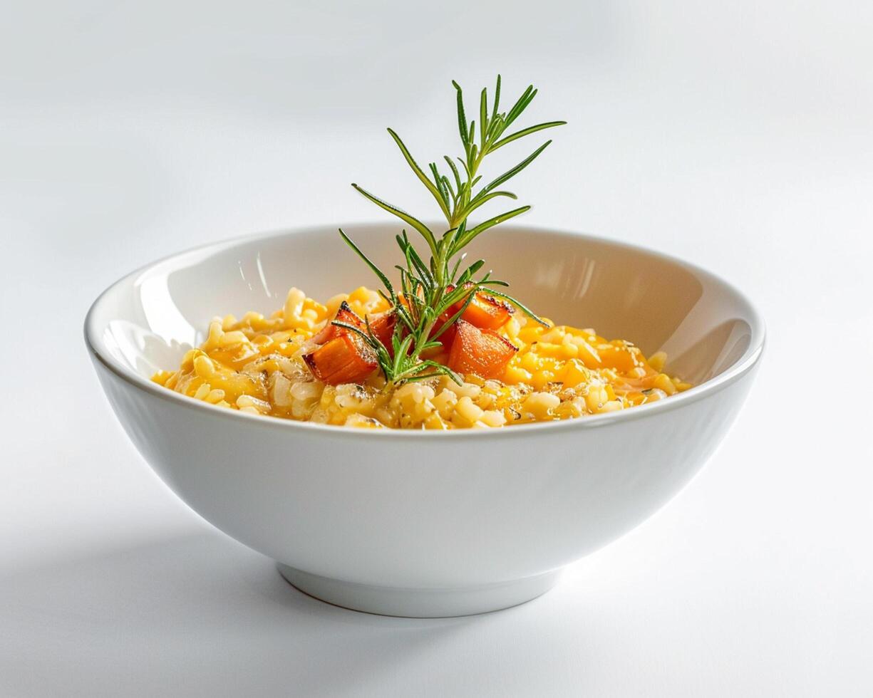 a bowl of food with a sprig of rosemary photo