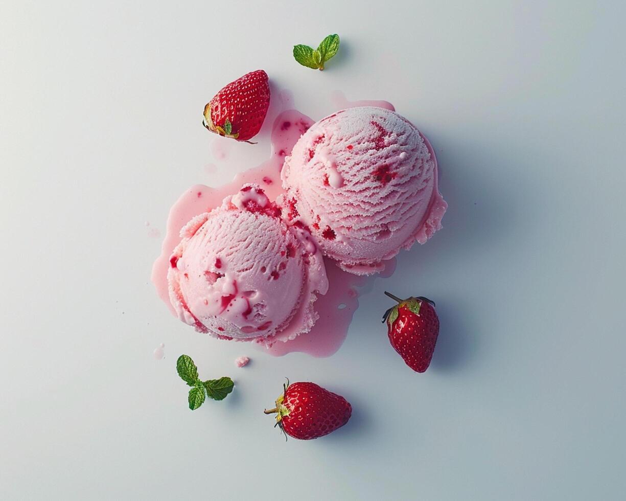 two scoops of ice cream with strawberries on a white surface photo