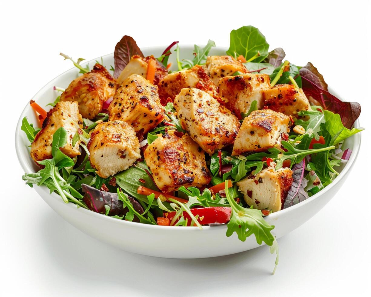 a bowl of chicken and vegetables on a white background photo