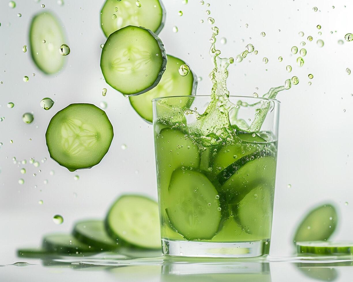 a glass of cucumber water with slices of cucumber photo