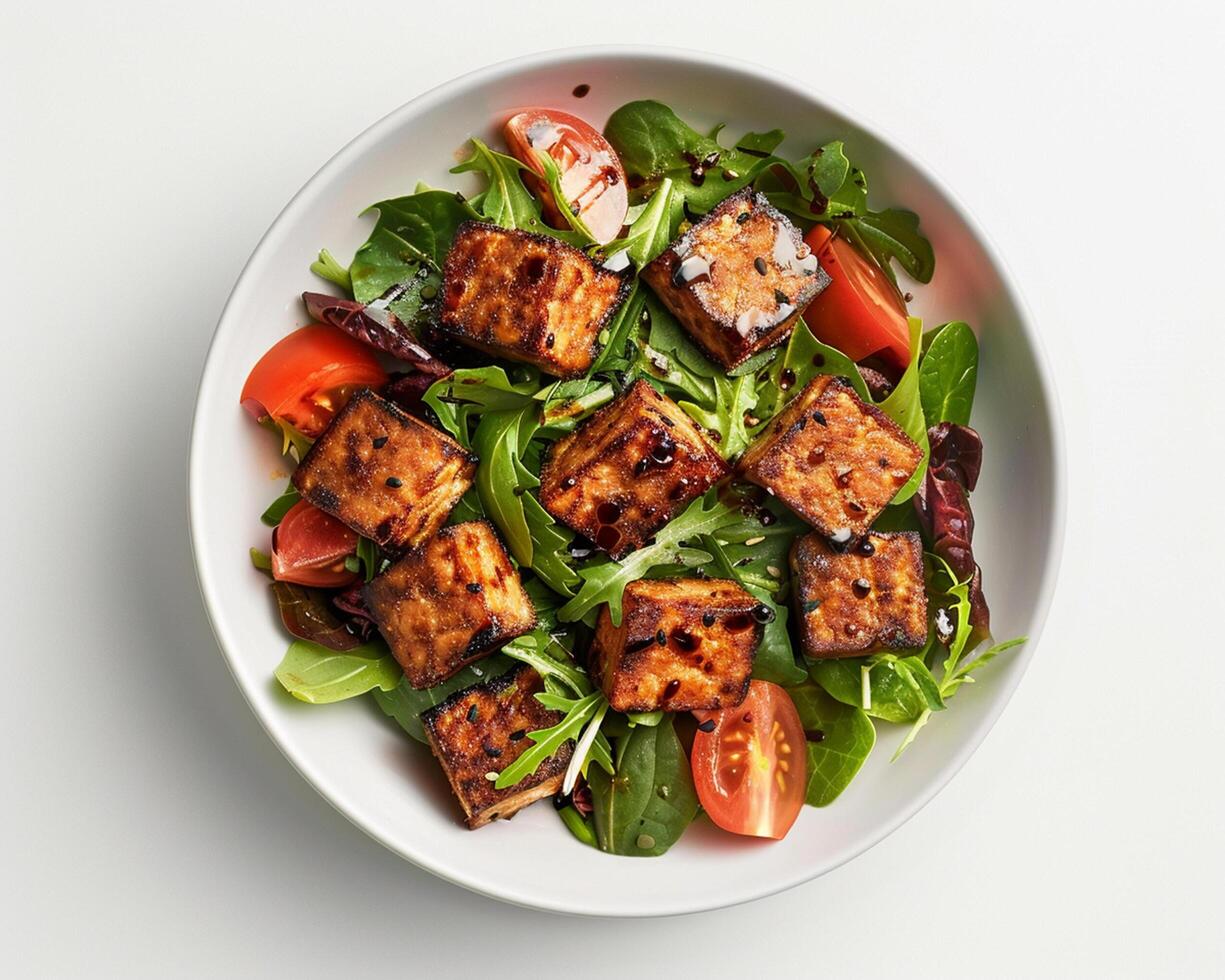 a bowl of tofu and spinach salad with tomatoes photo