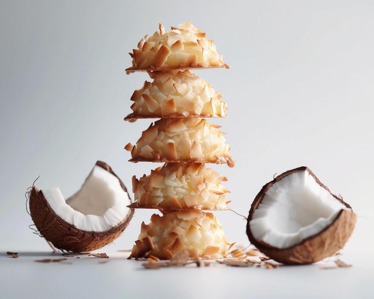 a stack of coconut cookies with half eaten coconut photo
