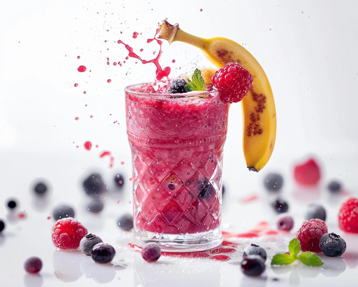 a smoothie with berries and a banana photo