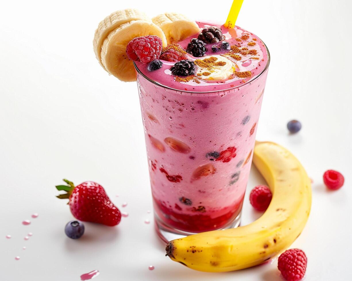 a smoothie with bananas, berries and a banana photo