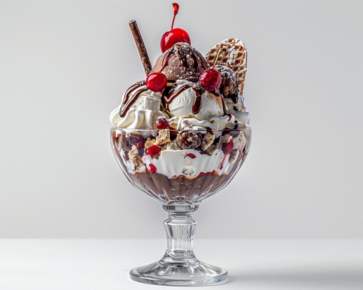 a glass of ice cream with a cherry on top photo