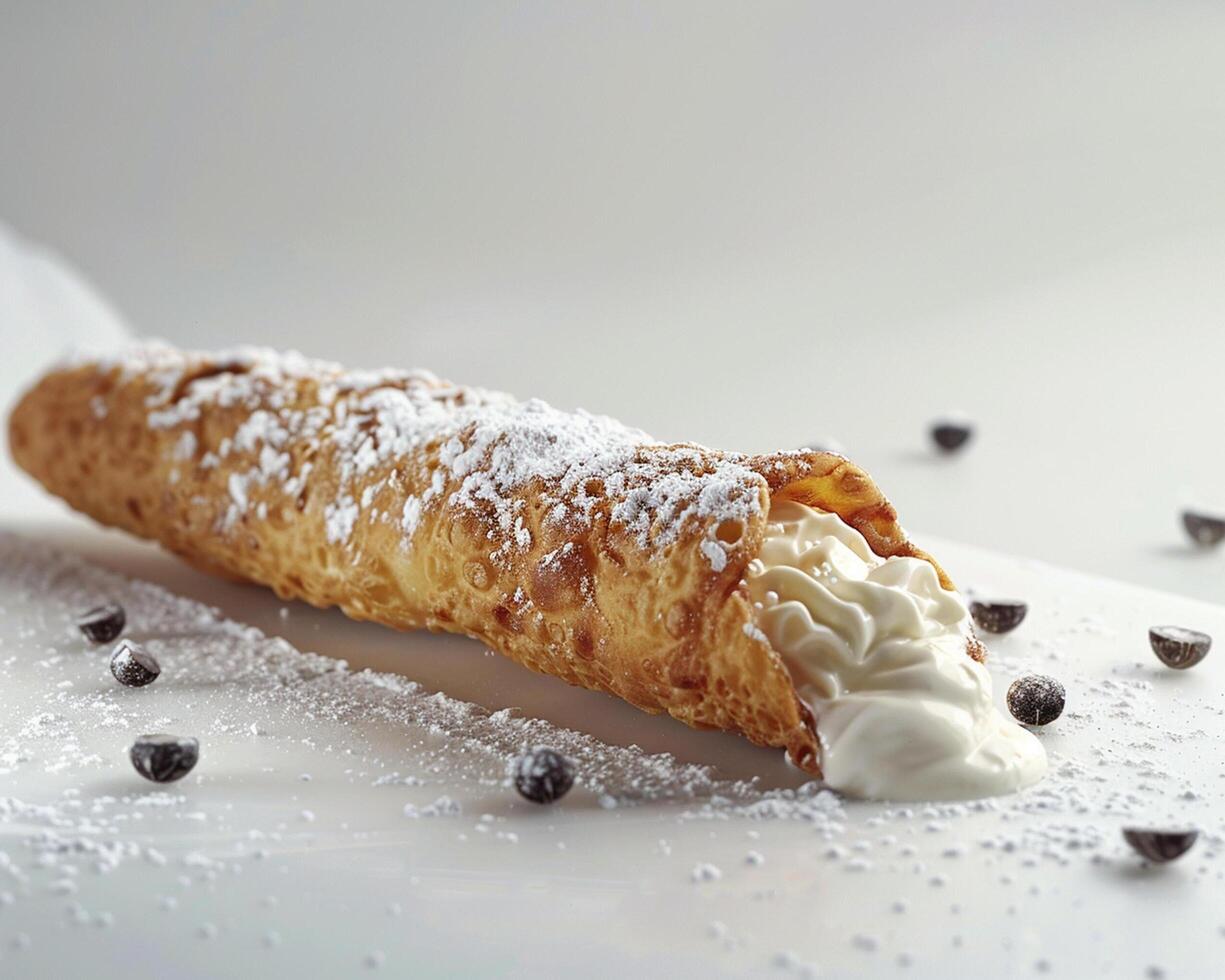a pastry with cream and chocolate chips on top photo