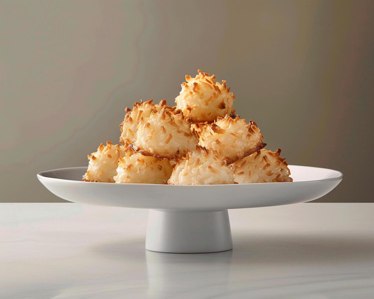 a white plate with a bunch of coconut balls on it photo